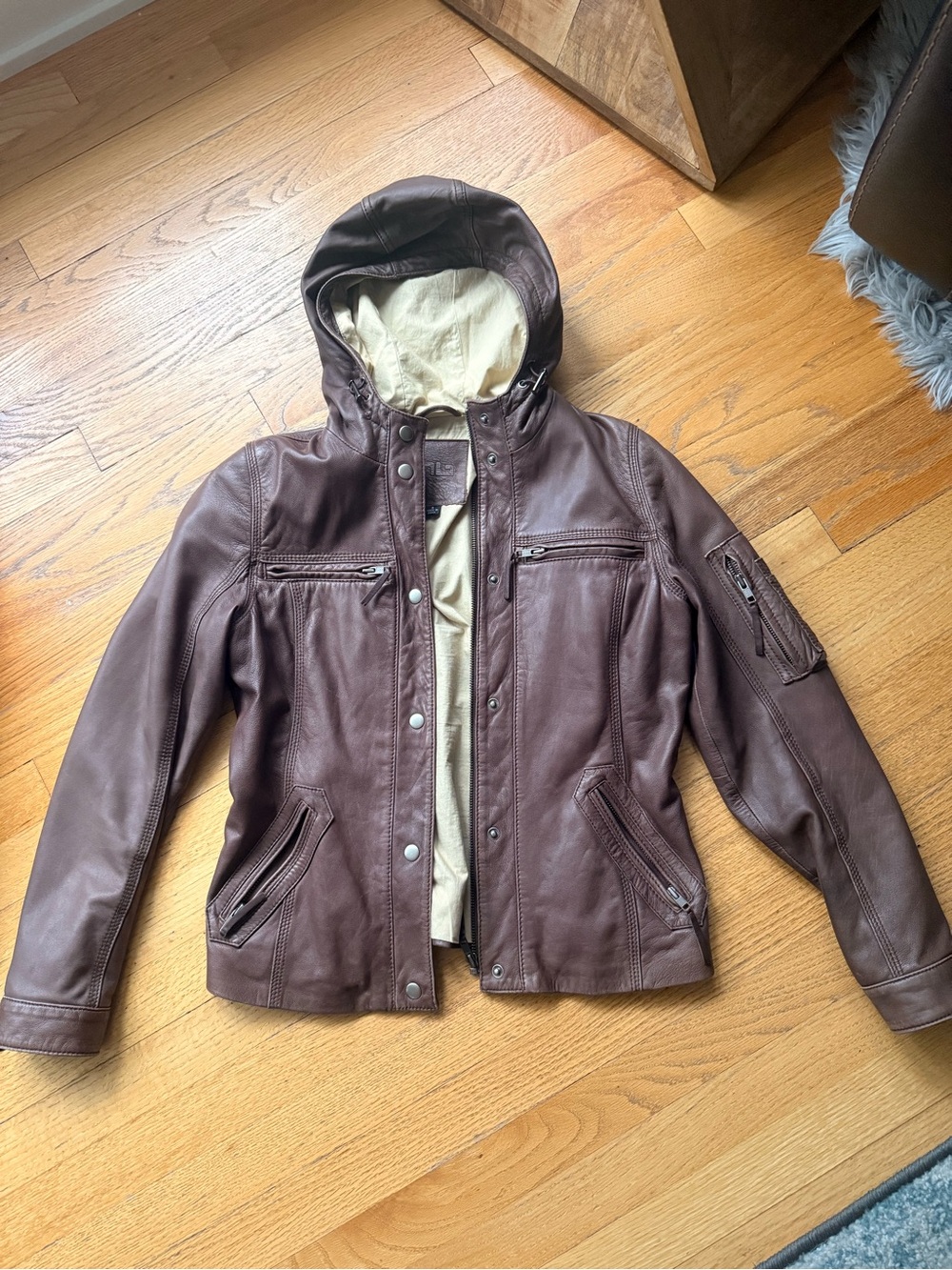 North Beach Leather Genuine Leather Brown Hooded Moto Jacket Womenβs Size Small